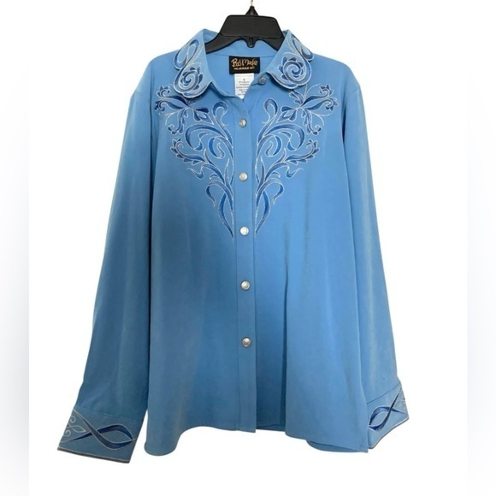 New Bob Mackie Wearable Art Embroidered Boho Shirt Cowboy Cowgirl Western Blue S